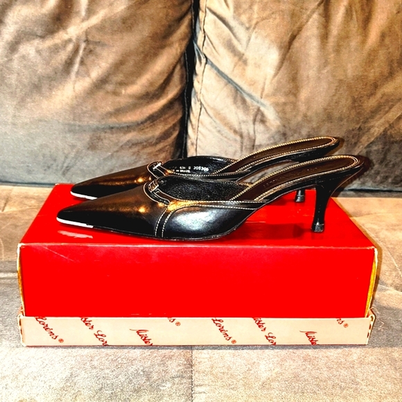 EUC COLE HAAN CITY BLACK LEATHER SLIP-ON MULES POINTED TOE 2½" KITTEN HEELS 6½B - Picture 7 of 14